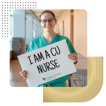 Student nurse holding 'I Am A CU Nurse' sign