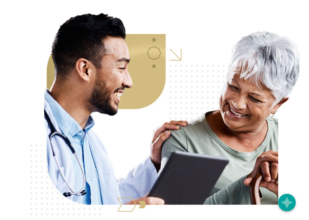 Male nurse discusses chart with elderly woman.