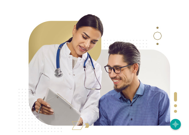 Young woman in a white coat shows good analysis results to a happy young man sitting on the medical couch in the examination room