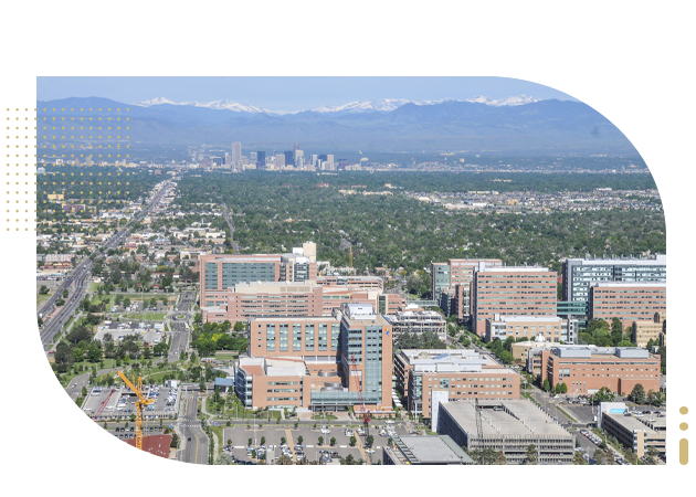 CU Anschutz Medical Campus arieal view with Denver skyline