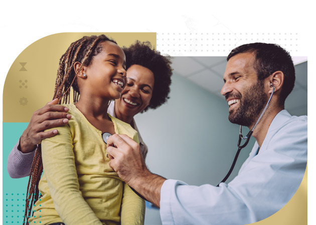 Male nurse examines a child with stethoscope in examination room with mother