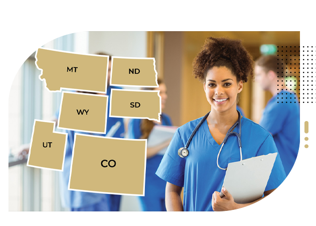 Female nurse next to a set of mid-west states map