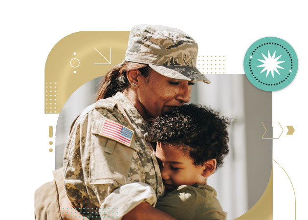 Female military hugging young child