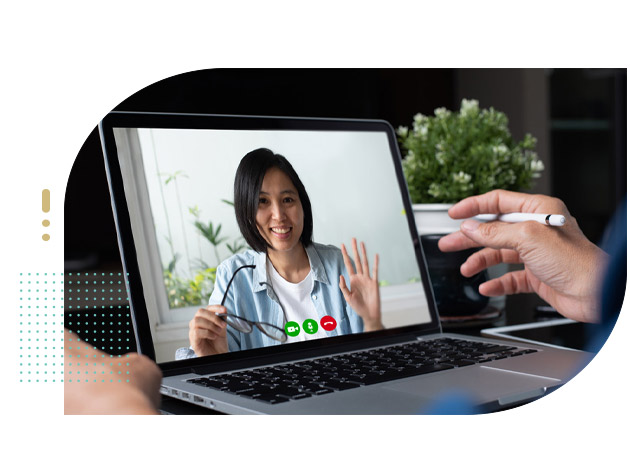 Female tutor online computer talking with student