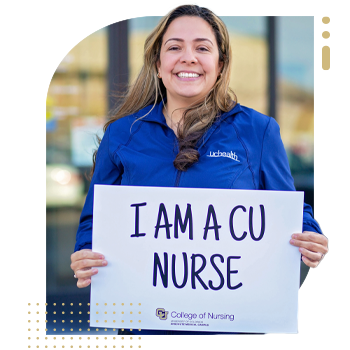 Student nurse holding 'I Am A CU Nurse' sign