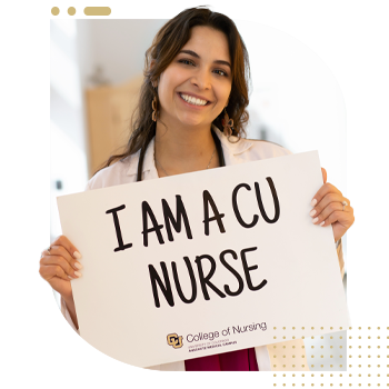 Student nurse holding 'I Am A CU Nurse' sign